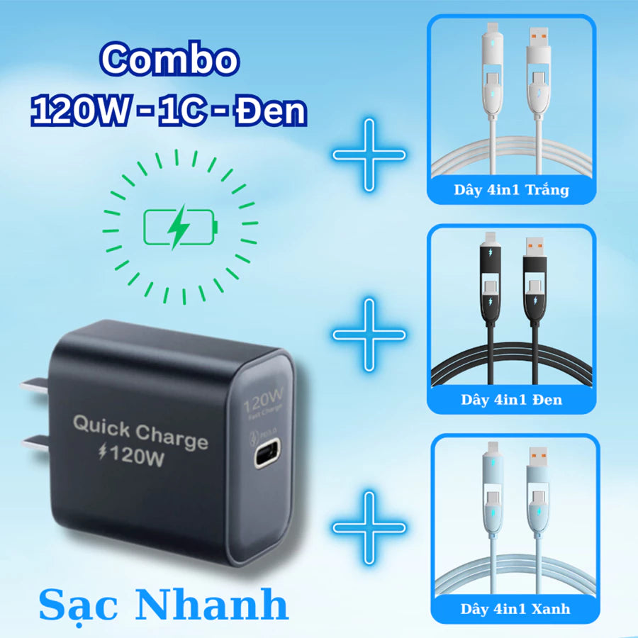 Cáp sạc nhanh 4 trong 1 công suất 240W, Đầu sạc hợp kim kẽm siêu bền và cứng cáp, Đa chức năng, Dùng cho iP và Android