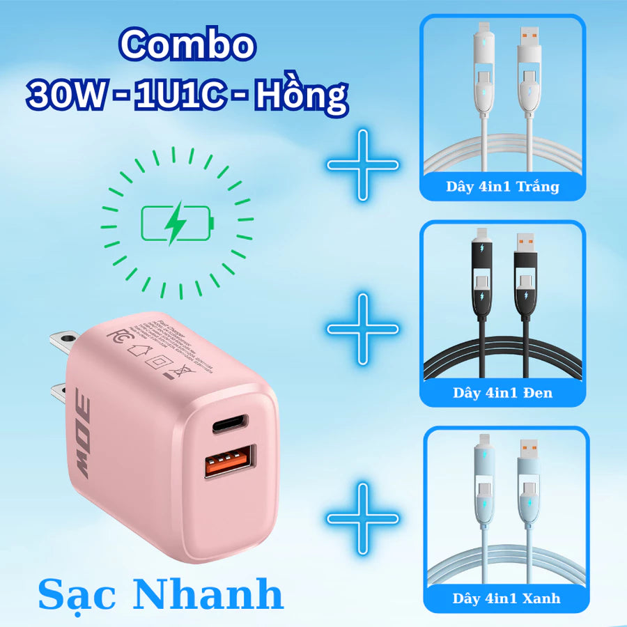 Cáp sạc nhanh 4 trong 1 công suất 240W, Đầu sạc hợp kim kẽm siêu bền và cứng cáp, Đa chức năng, Dùng cho iP và Android