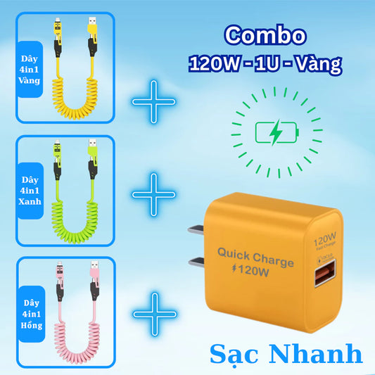 Dây sạc lò xo 4 trong 1 USB/Light/Type C - Thiết kế lò xo kéo dài 1.5m thay đối chiều dài tùy ý - Dùng cho lP - Android