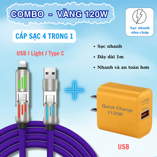 Cáp sạc nhanh 4 trong 1 công suất 240W, Đầu sạc hợp kim kẽm siêu bền và cứng cáp, Đa chức năng, Dùng cho lP và Android