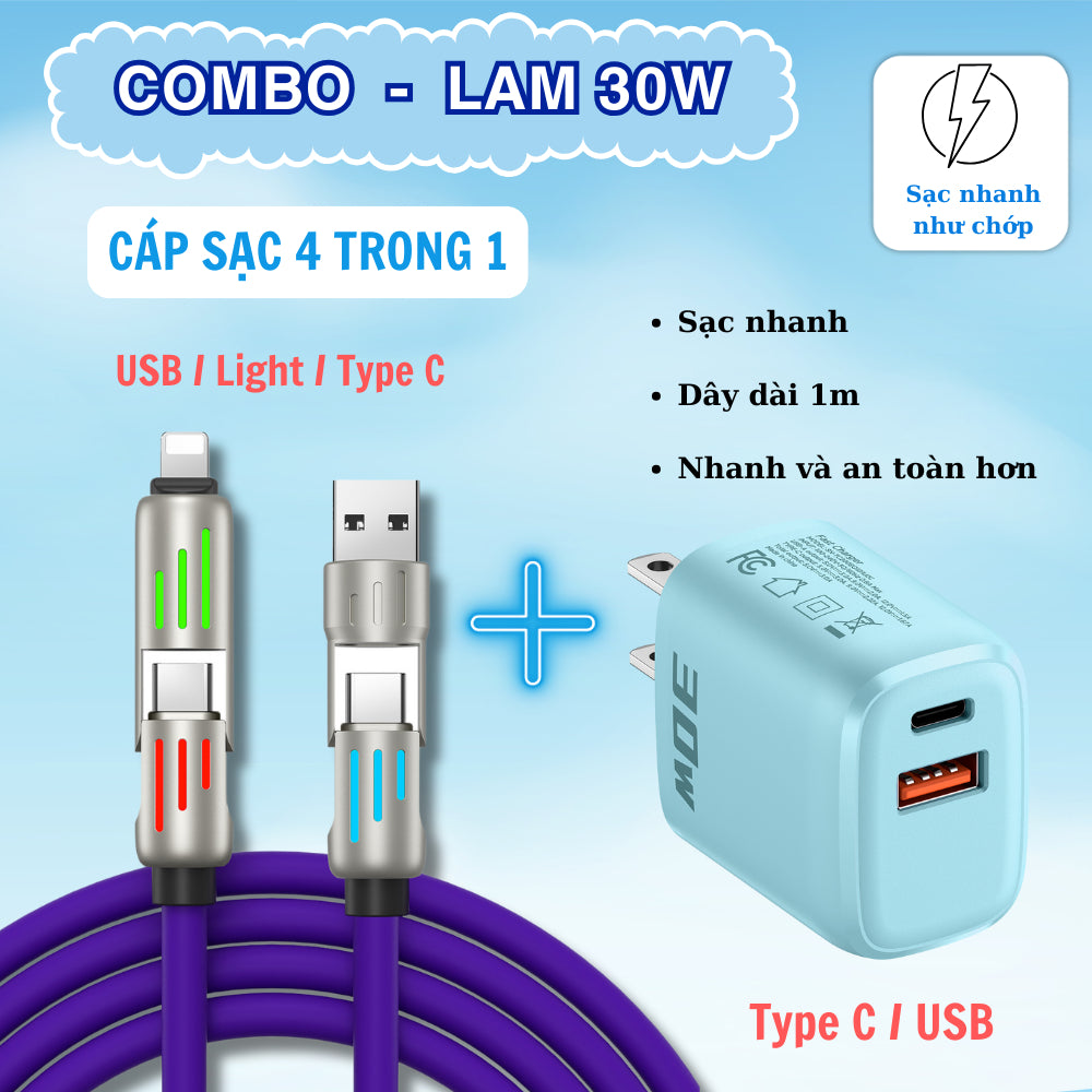 Cáp sạc nhanh 4 trong 1 công suất 240W, Đầu sạc hợp kim kẽm siêu bền và cứng cáp, Đa chức năng, Dùng cho lP và Android
