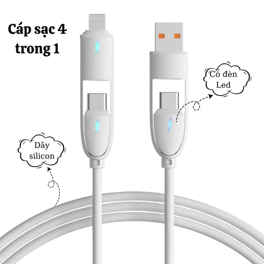Cáp sạc nhanh 4 trong 1 công suất 240W, Đầu sạc hợp kim kẽm siêu bền và cứng cáp, Đa chức năng, Dùng cho iP và Android