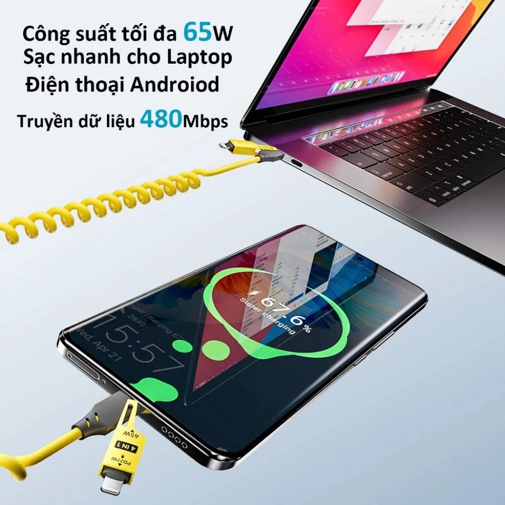 Dây sạc lò xo 4 trong 1 USB/Light/Type C - Thiết kế lò xo kéo dài 1.5m thay đối chiều dài tùy ý - Dùng cho lP - Android
