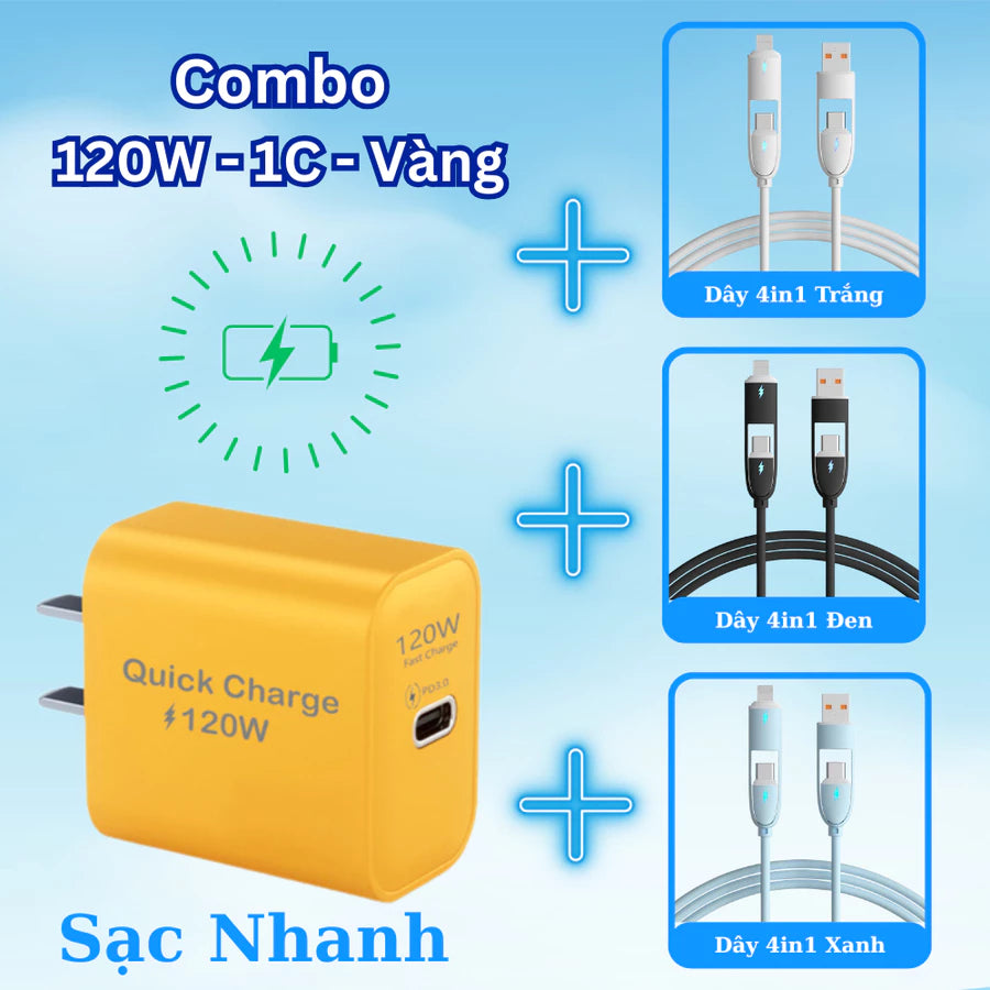 Cáp sạc nhanh 4 trong 1 công suất 240W, Đầu sạc hợp kim kẽm siêu bền và cứng cáp, Đa chức năng, Dùng cho iP và Android