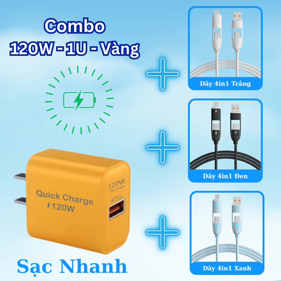 Cáp sạc nhanh 4 trong 1 công suất 240W, Đầu sạc hợp kim kẽm siêu bền và cứng cáp, Đa chức năng, Dùng cho iP và Android