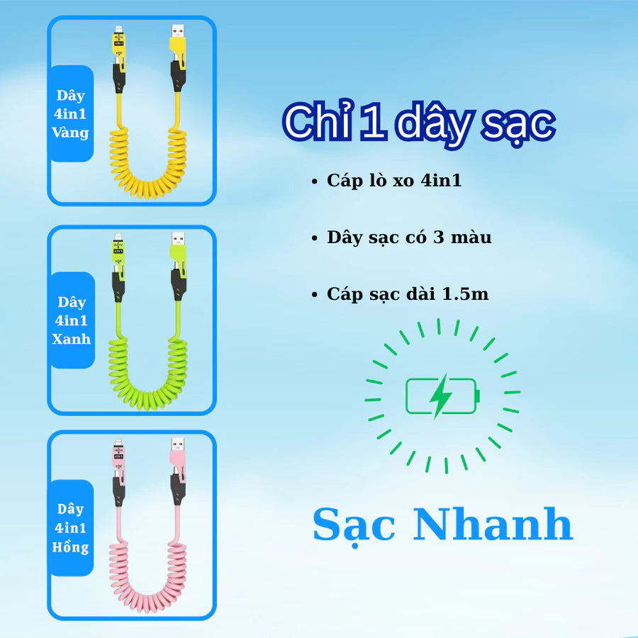 Dây sạc lò xo 4 trong 1 USB/Light/Type C - Thiết kế lò xo kéo dài 1.5m thay đối chiều dài tùy ý - Dùng cho lP - Android