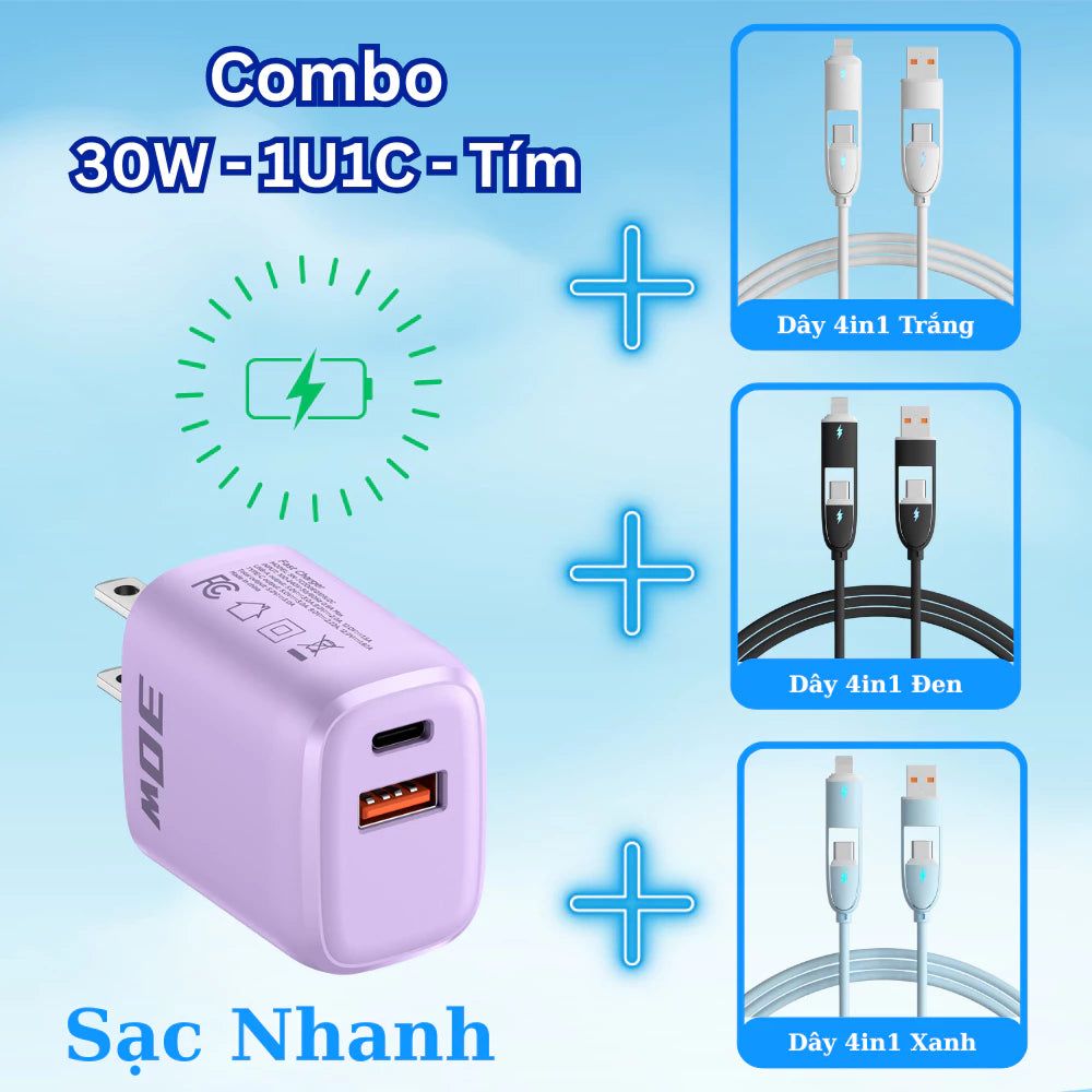 Cáp sạc nhanh 4 trong 1 công suất 240W, Đầu sạc hợp kim kẽm siêu bền và cứng cáp, Đa chức năng, Dùng cho iP và Android