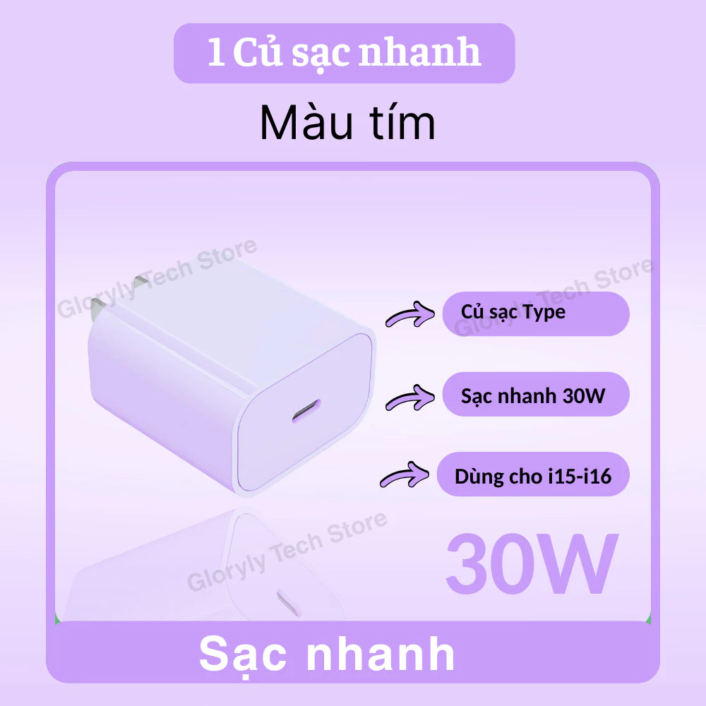 【lP Bộ sạc nhanh PD30W】Củ sạc nhanh+Dây sạc nhanh Light, Dây dài 1m, Dây bện 6 màu, An toàn, Dùng cho lP6 - lP14 pro max