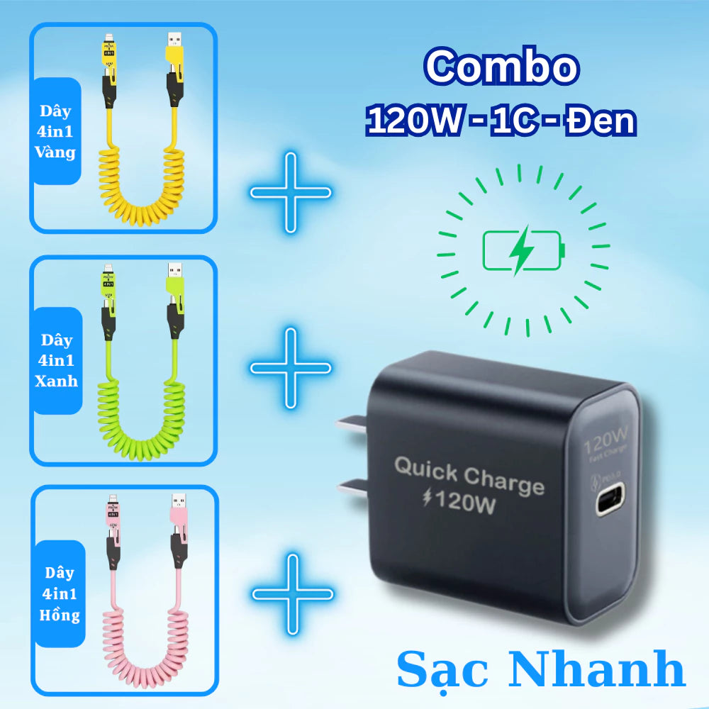 Dây sạc lò xo 4 trong 1 USB/Light/Type C - Thiết kế lò xo kéo dài 1.5m thay đối chiều dài tùy ý - Dùng cho lP - Android