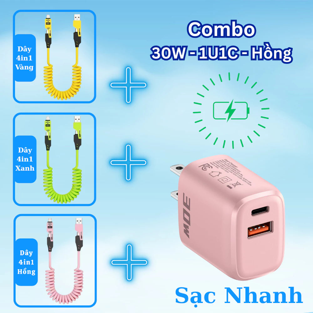 Dây sạc lò xo 4 trong 1 USB/Light/Type C - Thiết kế lò xo kéo dài 1.5m thay đối chiều dài tùy ý - Dùng cho lP - Android
