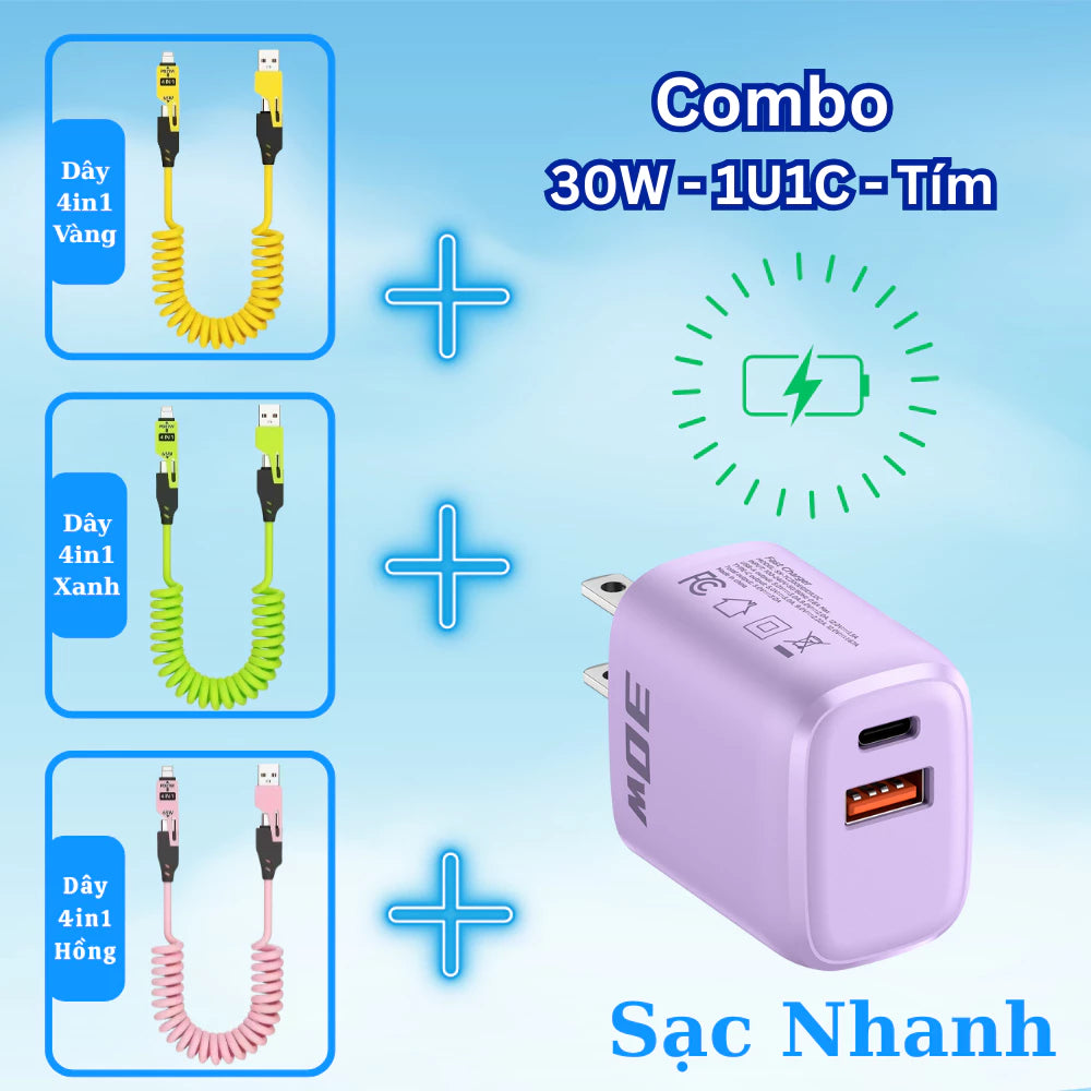 Dây sạc lò xo 4 trong 1 USB/Light/Type C - Thiết kế lò xo kéo dài 1.5m thay đối chiều dài tùy ý - Dùng cho lP - Android