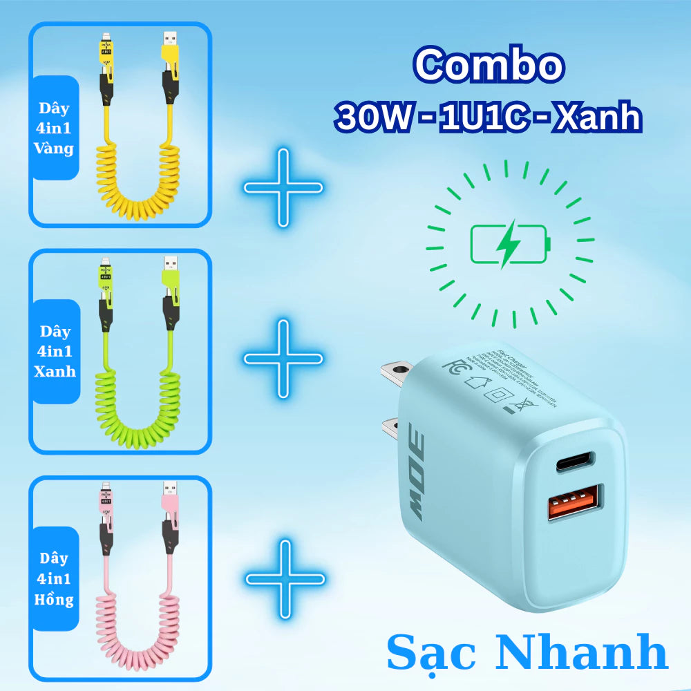 Dây sạc lò xo 4 trong 1 USB/Light/Type C - Thiết kế lò xo kéo dài 1.5m thay đối chiều dài tùy ý - Dùng cho lP - Android