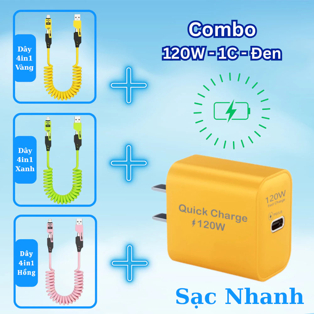 Dây sạc lò xo 4 trong 1 USB/Light/Type C - Thiết kế lò xo kéo dài 1.5m thay đối chiều dài tùy ý - Dùng cho lP - Android