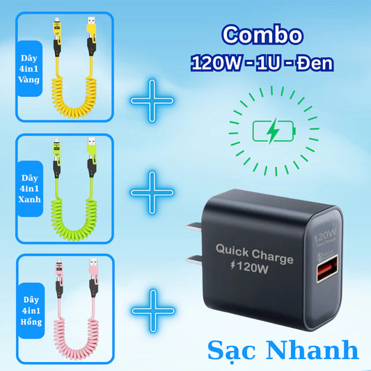 Dây sạc lò xo 4 trong 1 USB/Light/Type C - Thiết kế lò xo kéo dài 1.5m thay đối chiều dài tùy ý - Dùng cho lP - Android
