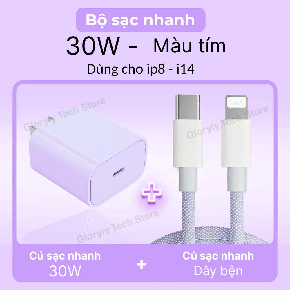 【lP Bộ sạc nhanh PD30W】Củ sạc nhanh+Dây sạc nhanh Light, Dây dài 1m, Dây bện 6 màu, An toàn, Dùng cho lP6 - lP14 pro max