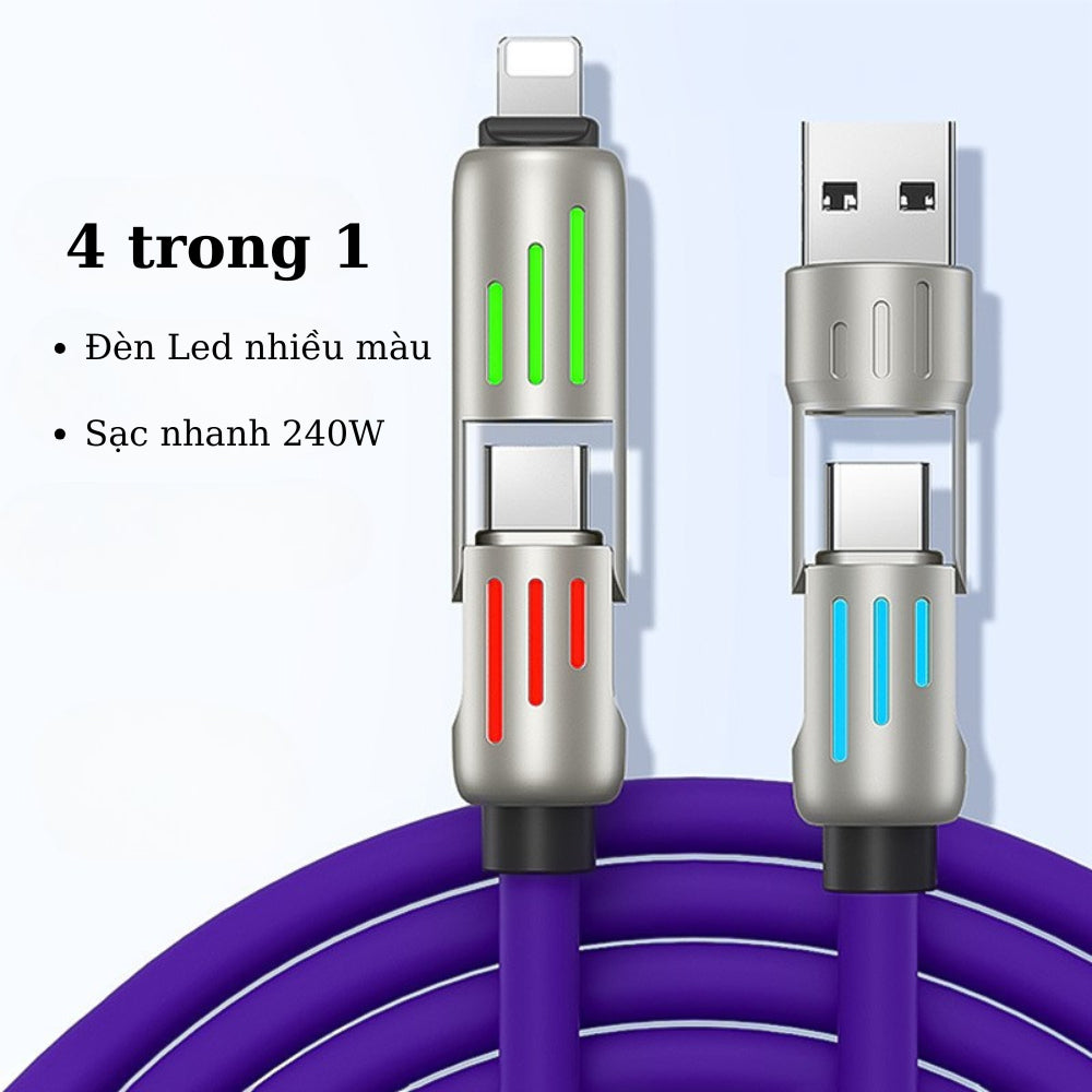 Cáp sạc nhanh 4 trong 1 công suất 240W, Đầu sạc hợp kim kẽm siêu bền và cứng cáp, Đa chức năng, Dùng cho lP và Android