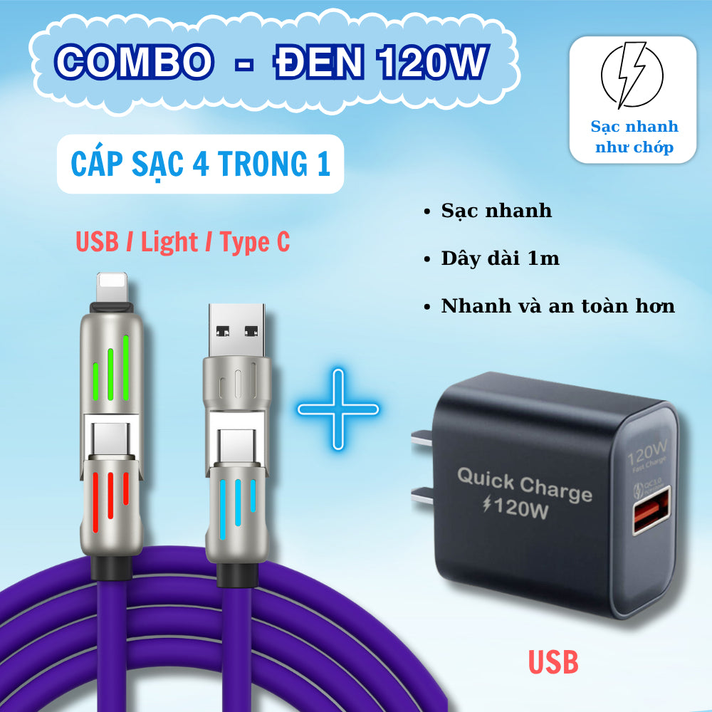 Cáp sạc nhanh 4 trong 1 công suất 240W, Đầu sạc hợp kim kẽm siêu bền và cứng cáp, Đa chức năng, Dùng cho lP và Android