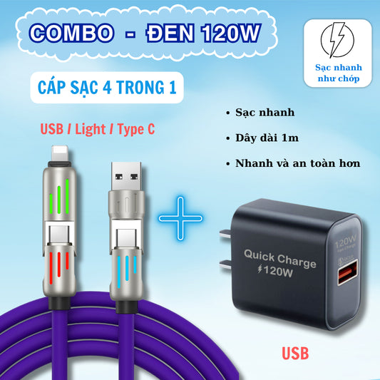 Cáp sạc nhanh 4 trong 1 công suất 240W, Đầu sạc hợp kim kẽm siêu bền và cứng cáp, Đa chức năng, Dùng cho lP và Android