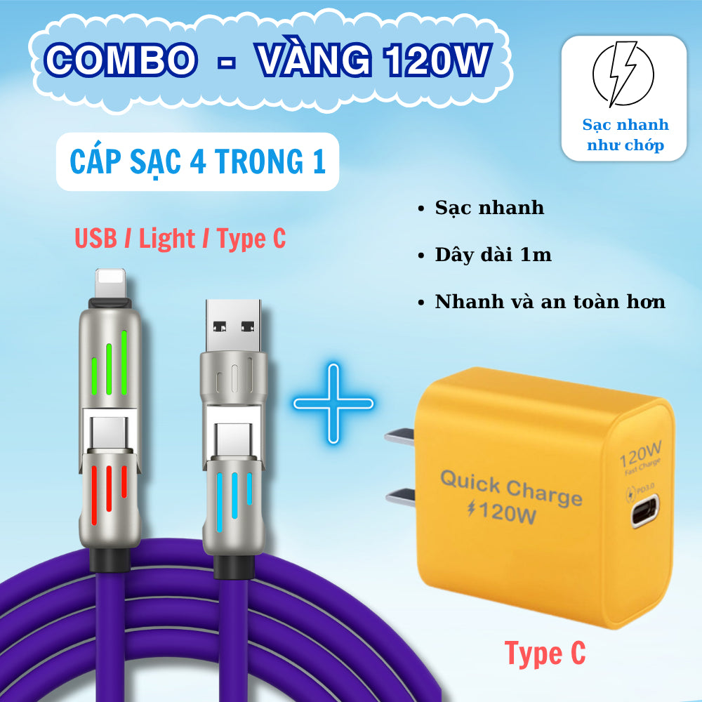Cáp sạc nhanh 4 trong 1 công suất 240W, Đầu sạc hợp kim kẽm siêu bền và cứng cáp, Đa chức năng, Dùng cho lP và Android