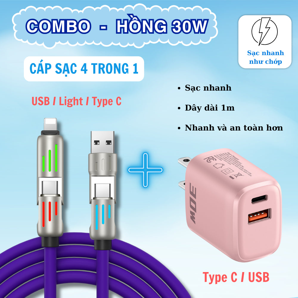 Cáp sạc nhanh 4 trong 1 công suất 240W, Đầu sạc hợp kim kẽm siêu bền và cứng cáp, Đa chức năng, Dùng cho lP và Android