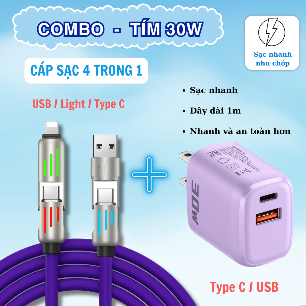 Cáp sạc nhanh 4 trong 1 công suất 240W, Đầu sạc hợp kim kẽm siêu bền và cứng cáp, Đa chức năng, Dùng cho lP và Android