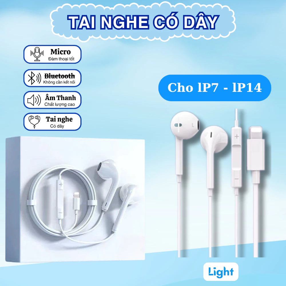 Tai Nghe Có Dây, Có Mic, Kết nối với Type C - Light, Âm thanh HiFi , Hỗ trợ tăng giảm âm lượng dành cho lP7 đến lP14