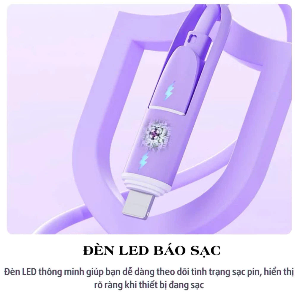 Cáp sạc nhanh 4 trong 1 công suất 240W, Đầu sạc hợp kim kẽm siêu bền và cứng cáp, Đa chức năng, Dùng cho iP và Android