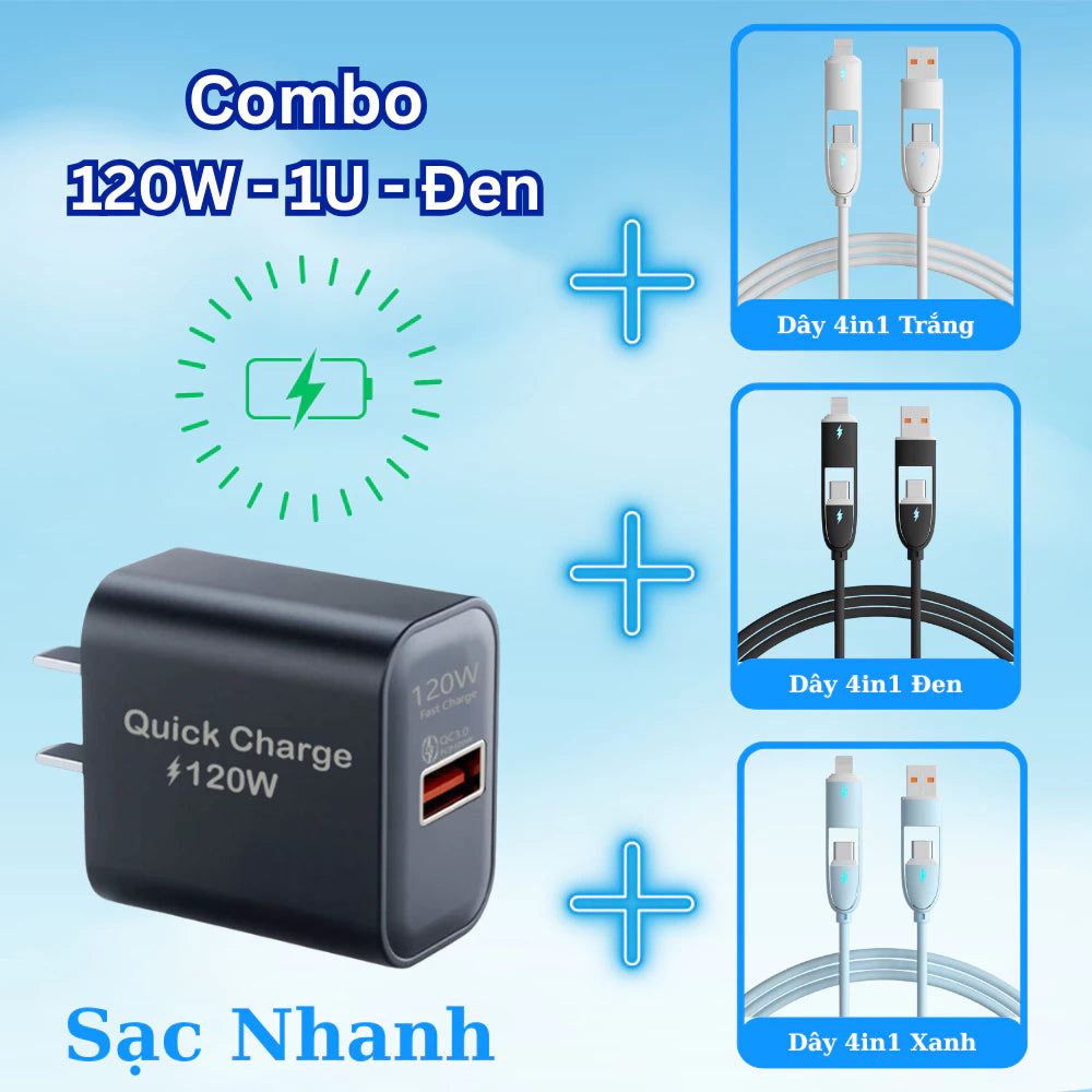 Cáp sạc nhanh 4 trong 1 công suất 240W, Đầu sạc hợp kim kẽm siêu bền và cứng cáp, Đa chức năng, Dùng cho iP và Android