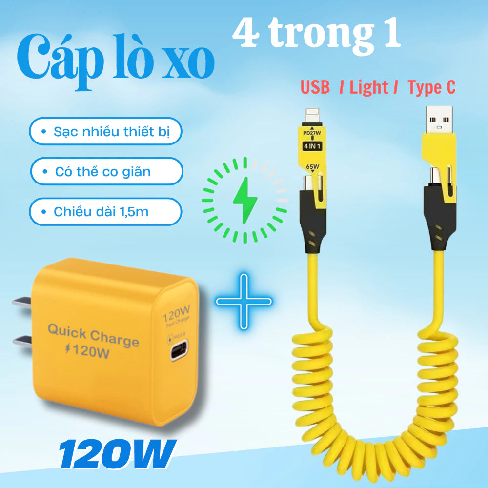 Dây sạc lò xo 4 trong 1 USB/Light/Type C - Thiết kế lò xo kéo dài 1.5m thay đối chiều dài tùy ý - Dùng cho lP - Android