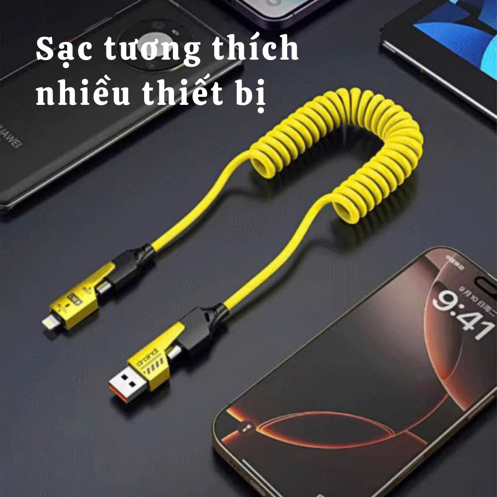 Dây sạc lò xo 4 trong 1 USB/Light/Type C - Thiết kế lò xo kéo dài 1.5m thay đối chiều dài tùy ý - Dùng cho lP - Android