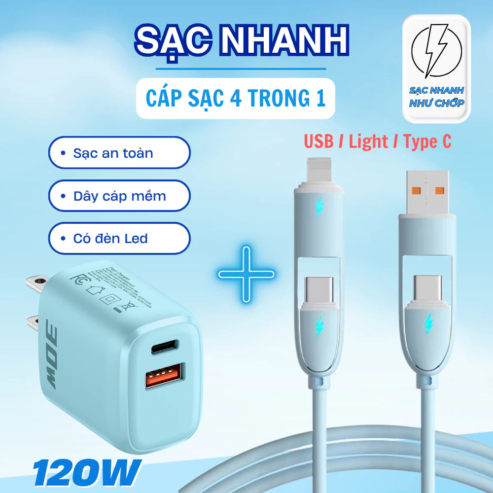 Cáp sạc nhanh 4 trong 1 công suất 240W, Đầu sạc hợp kim kẽm siêu bền và cứng cáp, Đa chức năng, Dùng cho iP và Android