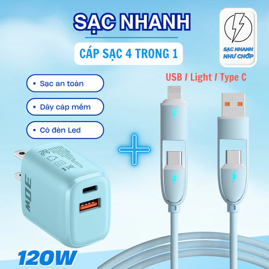 Cáp sạc nhanh 4 trong 1 công suất 240W, Đầu sạc hợp kim kẽm siêu bền và cứng cáp, Đa chức năng, Dùng cho iP và Android