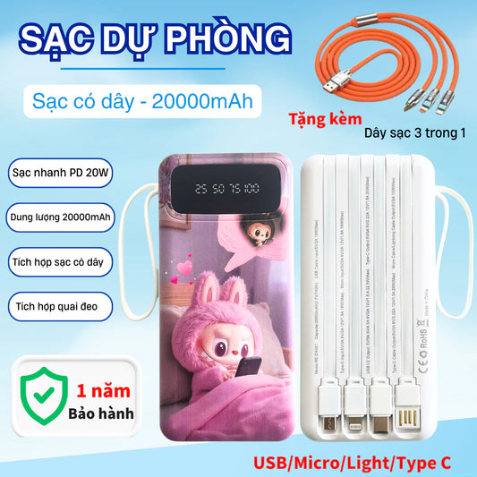 Sạc dự phòng 20000mah sạc nhanh 20W Có tích hợp 4 cáp sạc nhanh, Màn hình led hiển thị dung lượng sạc,nhiều thiết bị sạc