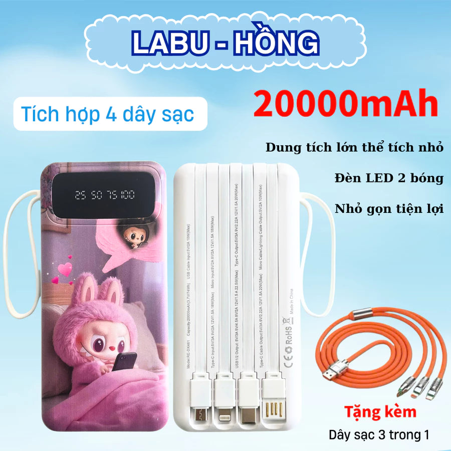 Sạc dự phòng 20000mah sạc nhanh 20W Có tích hợp 4 cáp sạc nhanh, Màn hình led hiển thị dung lượng sạc,nhiều thiết bị sạc
