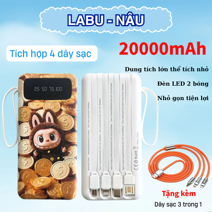 Sạc dự phòng 20000mah sạc nhanh 20W Có tích hợp 4 cáp sạc nhanh, Màn hình led hiển thị dung lượng sạc,nhiều thiết bị sạc