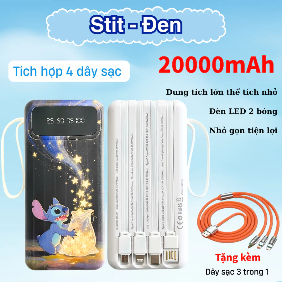 Sạc dự phòng 20000mah sạc nhanh 20W Có tích hợp 4 cáp sạc nhanh, Màn hình led hiển thị dung lượng sạc,nhiều thiết bị sạc