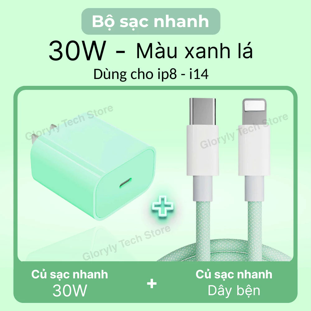 【lP Bộ sạc nhanh PD30W】Củ sạc nhanh+Dây sạc nhanh Light, Dây dài 1m, Dây bện 6 màu, An toàn, Dùng cho lP6 - lP14 pro max
